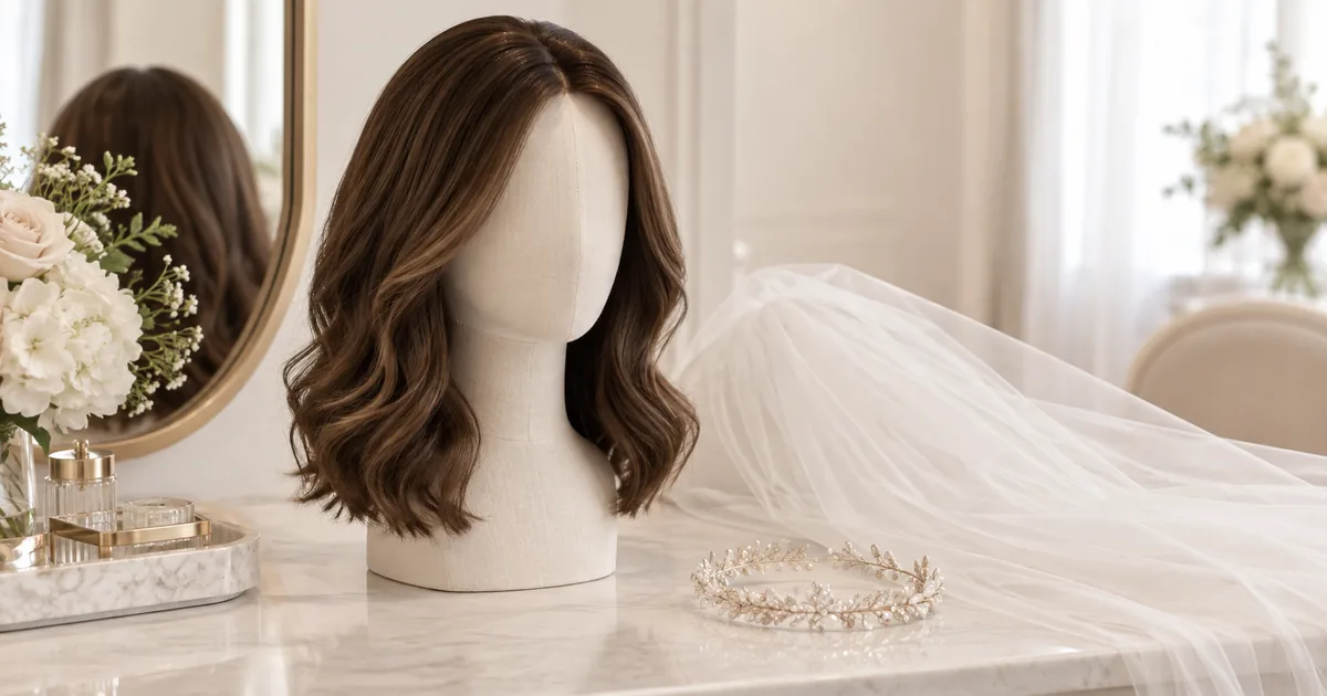Elegant bridal sheitel displayed on a stand with soft wedding-day styling