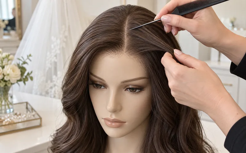 Illustrative close-up check of a bridal sheitel front and parting before delivery