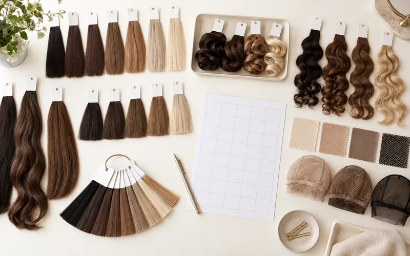 Illustrative planning scene: sheitels, swatch cards, and a worksheet covering length, color depth, and density