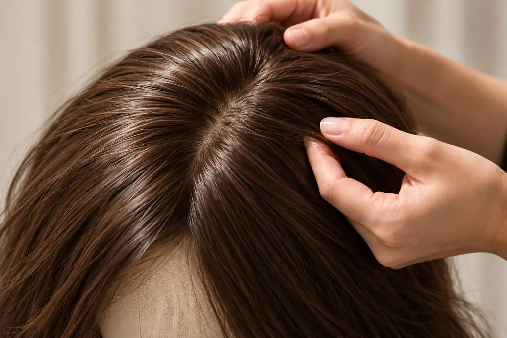 Illustrative close-up of hands examining the part and crown of a chestnut brown wig