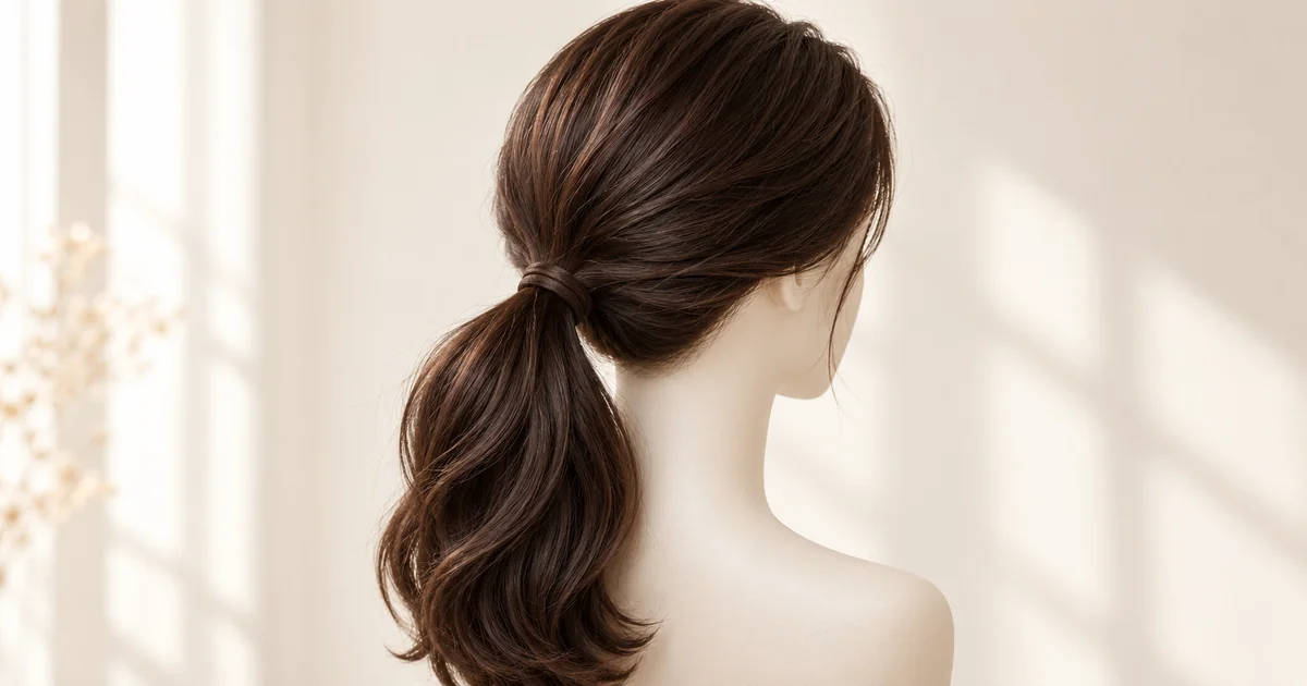 Brown wig tied into a low ponytail on an ivory display head
