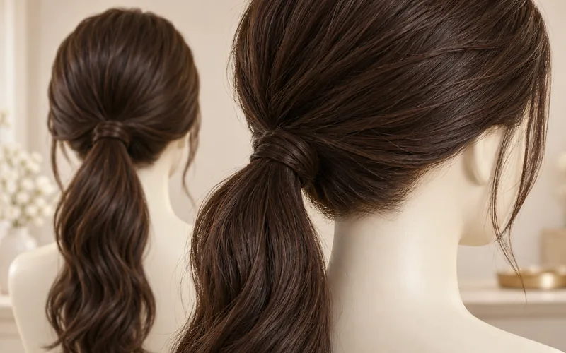 Two rear views of a brown wig tied into a low ponytail