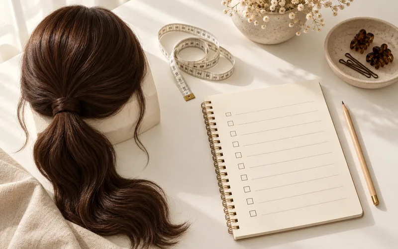 Ponytail wig beside a blank specification notebook and measuring tape