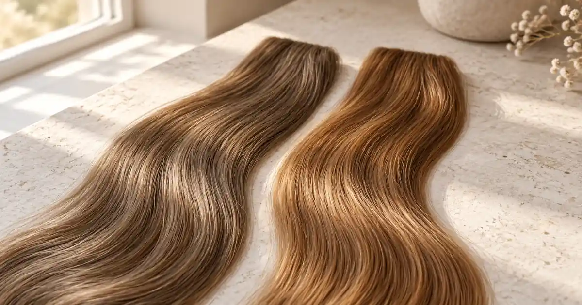 Neutral brown and warmer golden-brown hair swatches in daylight