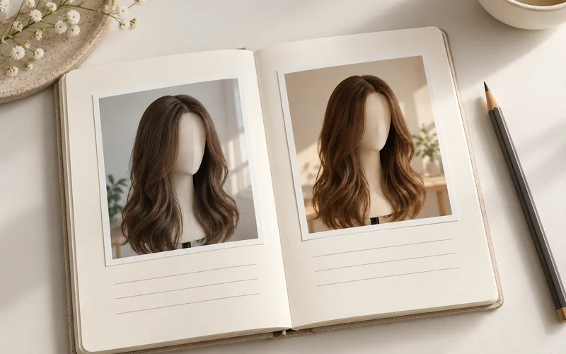 Notebook containing two example wig photos with blank note lines