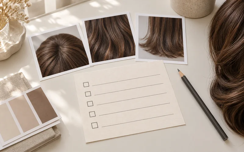 Blank checklist beside crown, mid-length and hair-end photo examples