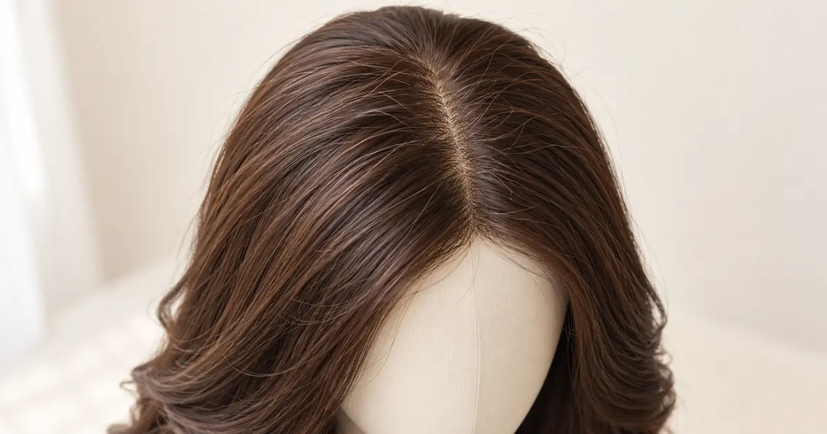 Brown wig crown with a center part and a few short flyaway hairs