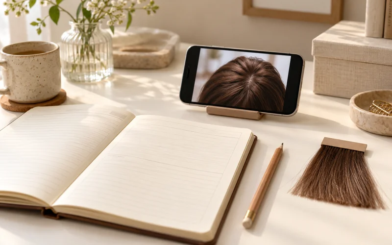 Notebook, hair swatch and phone showing a wig crown photo