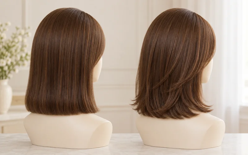 Brown wigs with a blunt cut and a softly layered cut