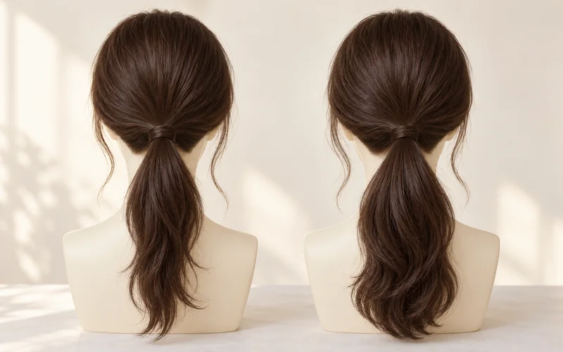 Two wigs in loose low ponytails showing different end fullness