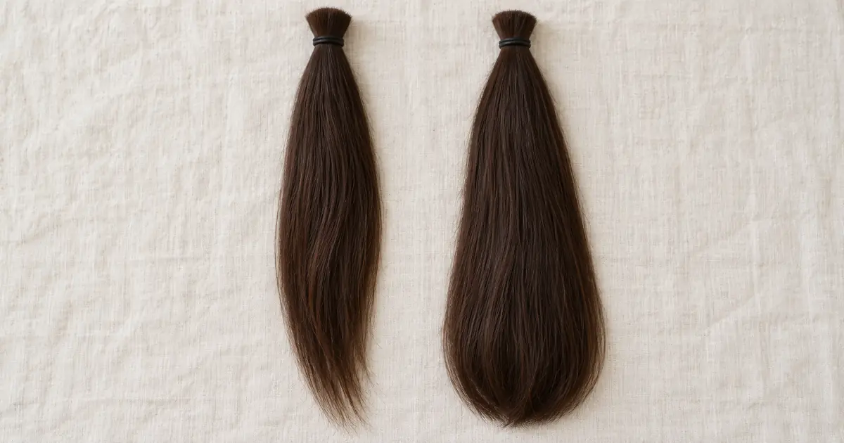 Two brown hair bundles with tapered and fuller end profiles