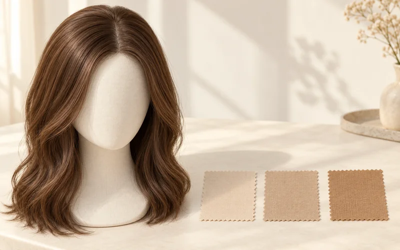 Center-part wig beside three beige fabric swatches