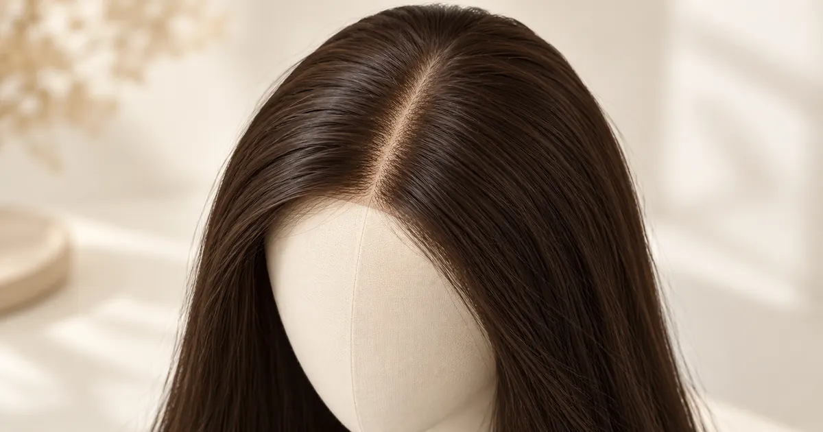 Brown center-part wig on a neutral canvas display head