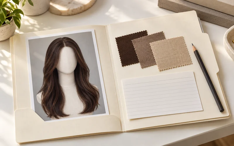 Wig reference photo, blank index card and fabric swatches in a folder