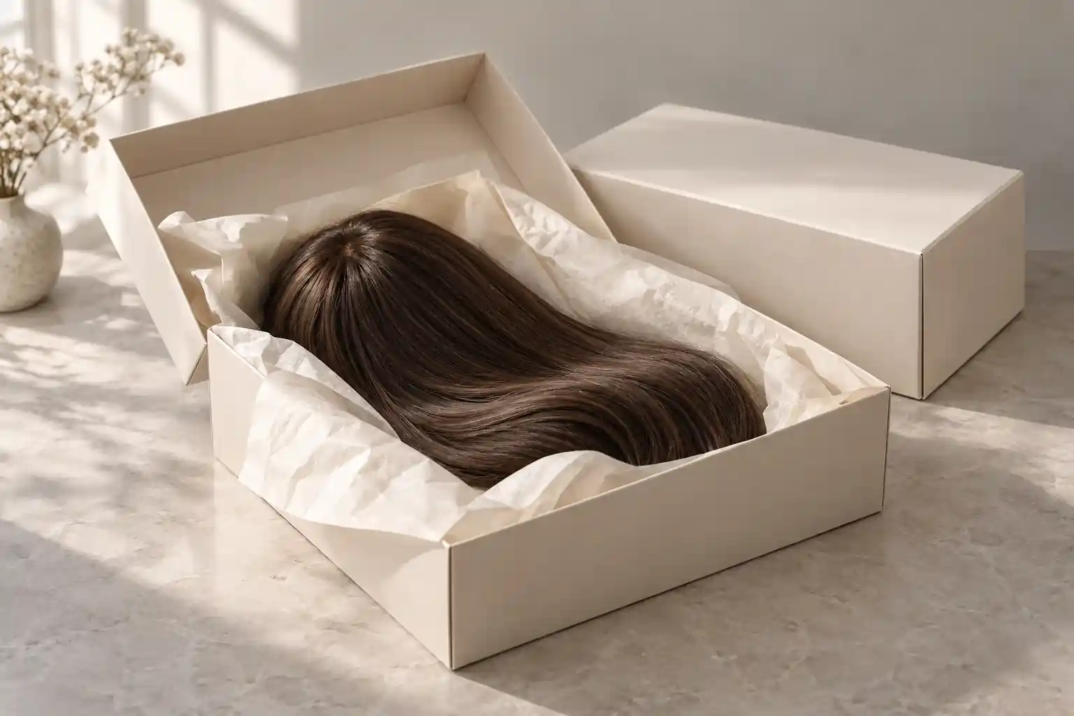 Conceptual protective packaging for a dark-brown human-hair sheitel